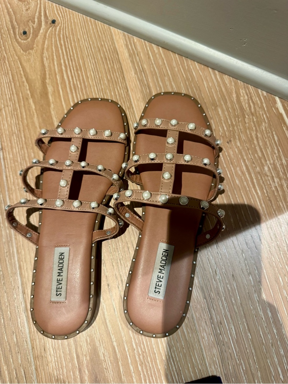 Steve Madden Tan Pearl-Embellished Multi-Strap Slide Sandals